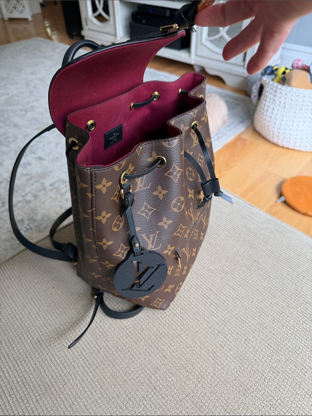 Louis Vuitton Brown Monogram Canvas Backpack with Black Flap and Red Interior - Picture 3 of 7